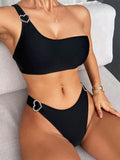 BLACK ONE-SHOULDER SPLIT BIKINI