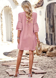 SOLID COLOR LOOSE V-NECK SHORT DRESS