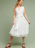 V-NECK DRESS WHITE SLEEVELESS COLD SHOULDER MIDI DRESS