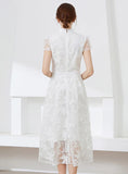 LACE EMBROIDERED SHORT SLEEVE HIGH NECK DRESS