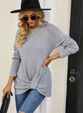 SOLID COLOR ROUND NECK LINKED SLIM SWEATER