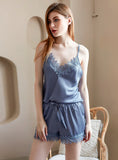 LACE STITCHING ICE SILK SLING PAJAMAS SET