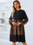 ROUND NECK LEOPARD PRINT STITCHING LONG SLEEVE DRESS