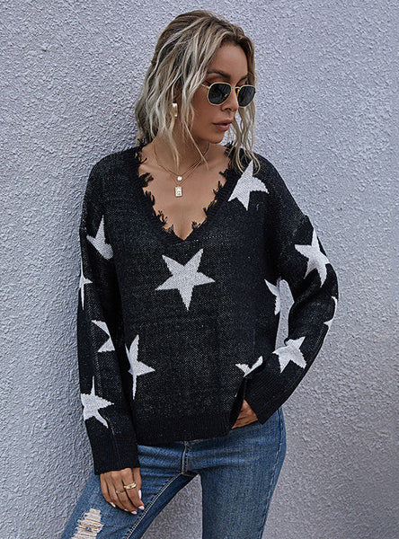 WOMEN LOOSE V-NECK KNITTED SWEATER