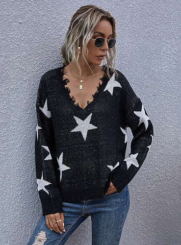 WOMEN LOOSE V-NECK KNITTED SWEATER