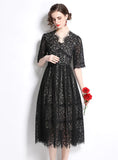 V-NECK SHORT SLEEVE LACE DRESS