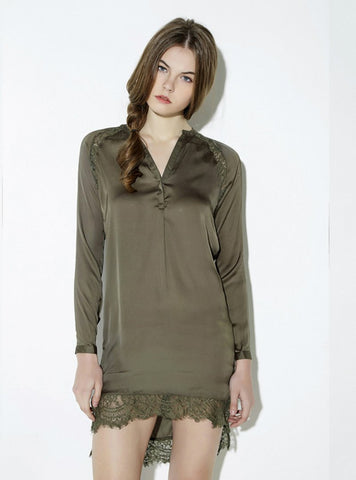 TRIM SHIRT WOMEN ARMY GREEN PATCHWORK V-NECK