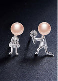 Fashion Proposing Lovers with Pink Fresh Water Pearl 925 Sterling Silver Ear Studs