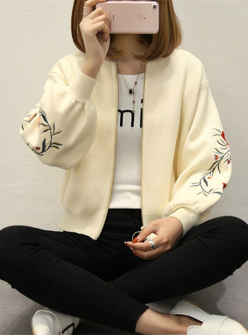 Women Embroidered Sweater Long Sleeve Zipper Cardigan Coat 