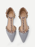 Cheap Grey Faux Patent Studded T-Strap Flats