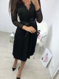 Long Sleeve Casual Women Lace Pleated Black Ribbon Hollow Chiffon Midi Dress