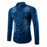  Long Sleeve Denim Dress Shirts for Men Plus Size Personality Double Chest Pockets Washed