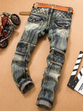 Men's Vogue Jeans Patchwork Hole Worn Straight 