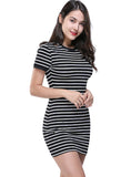 Neck Short-sleeved Dress Black And White Striped Dresses 