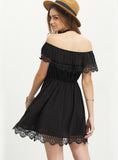 Women Sexy Slash Neck White Black Lace Patchwork Dress 
