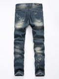 Men's Hole Jeans Mid Waist Straight Slim 