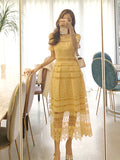 Yellow Lace Summer Style Short Sleeve Hollow Out Midi Vintage Dress