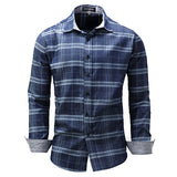   Long Sleeve Checked Shirt for Men Blue Pure Cotton Loose