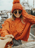 Women Wool Ball High Collar Loose Long Sleeve Short Sweater