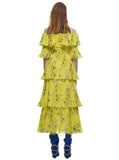 Runway Yellow Dress Ruffle Pleated Printing Bohemian Long Dress
