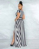 Split Front Maxi Dress Women Short Sleeve V Neck Beach Dress
