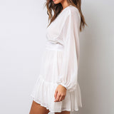 Spring Ruffle White Lace Sexy Plunge V Neck Long Sleeve Mini Party Dress