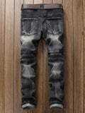 Fit Men's Fashion Jeans Mid Waist Worn Patchwork Rivet Elastic Slim 