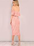 Midi Pink Faux Suede Off The Shoulder Ruffle Dress