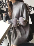 Women Sweater Knitted Dress Loose Pink Long Sleeve 