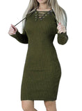 Women Bodycon Knitted Dress V-Neck Long Sleeve 