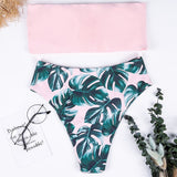 Swimwear Women Swimsuit High Waist Pink Leaves Print Bandage Bikini