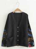  V-neck Sweaters Loose Retro Hit Color Printed Knitted 