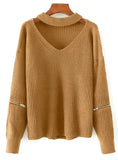 Women Knitted Choker Sweater V Neck Drop Shoulder 