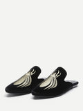 Cheap Black Embroidery Point Toe Velvet Flat Slippers