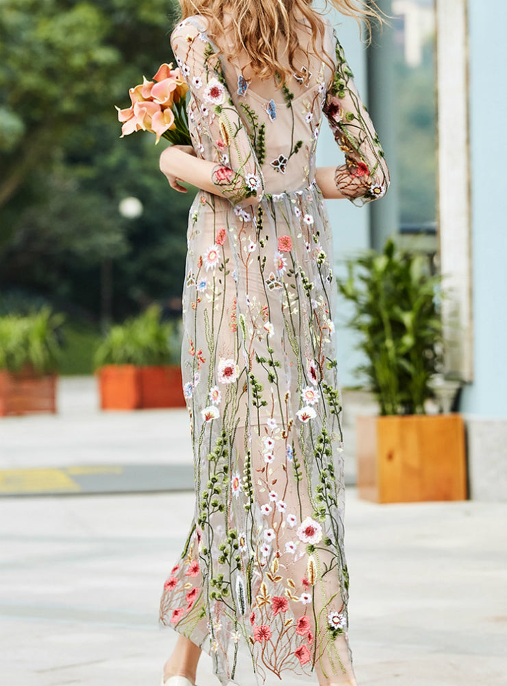 Half Sleeves Sheer Mesh Embroidery Boho Bohemian Long Dress – Ncocon