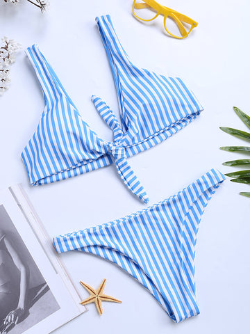 Stripe Halter String Bowknot Bikinis Two Piece Swimsuits 