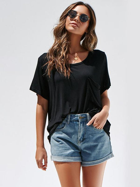 Neck Short Sleeve with Pocket Blouses&Shirts Tops