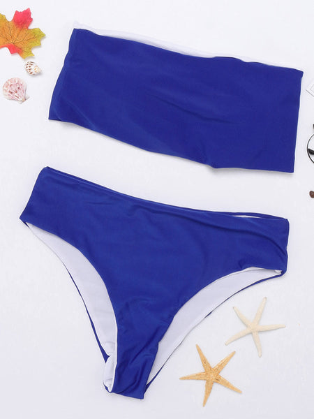 Strapless Solid Color Middle Waist Backless Bikinis Swimsuits 