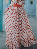 Red Polka-dot V-Neck Long Sleeves Maxi Dress