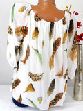 Pretty Feather Print T-shirt Off the Shoulder
