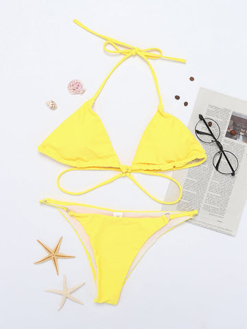 Criss Cross Solid Color Bikinis Bandage String Halter Thong  Swimsuits