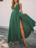 Green Lace Split-joint Backless Maxi Dress