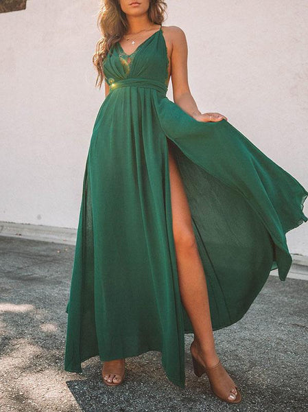 Green Lace Split-joint Backless Maxi Dress