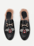 Cheap Bee Embroidery Flat Mules With Faux Fur