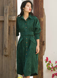 Long Sleeve Green Blue Color Vintage Dress Pocket With Belt