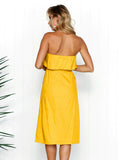 Strapless Ruffles Buttons Yellow Midi Ladies Elegant Party Dresses