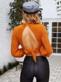 Classic Backless Bowknot Puff Sleeves Sweater Tops