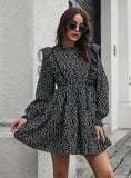 RUFFLED WOOD EAR COLLAR LONG SLEEVE PRINTED DRESS