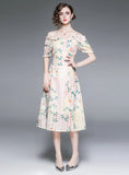 HOLLOW LACE EMBROIDERED WAIST PRINT DRESS