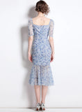 SQUARE COLLAR PLEATED GAUZE FLORAL DRESS